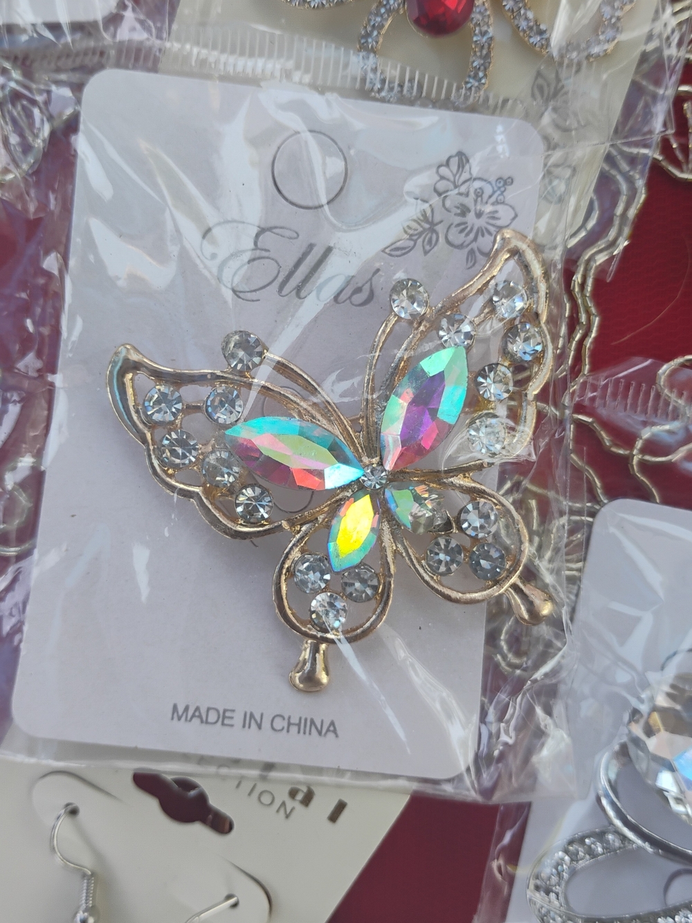 Iridescent Crystal Butterfly Brooch - Gold Tone